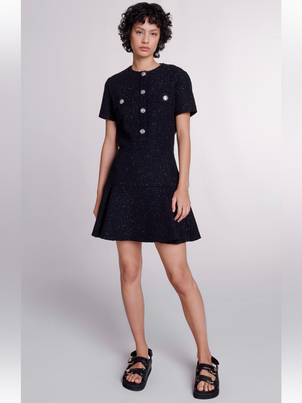 Maje Black Boucle Tweed Short-Sleeve Fit & Flare Mini Dress Size 42 US 10 NWT
